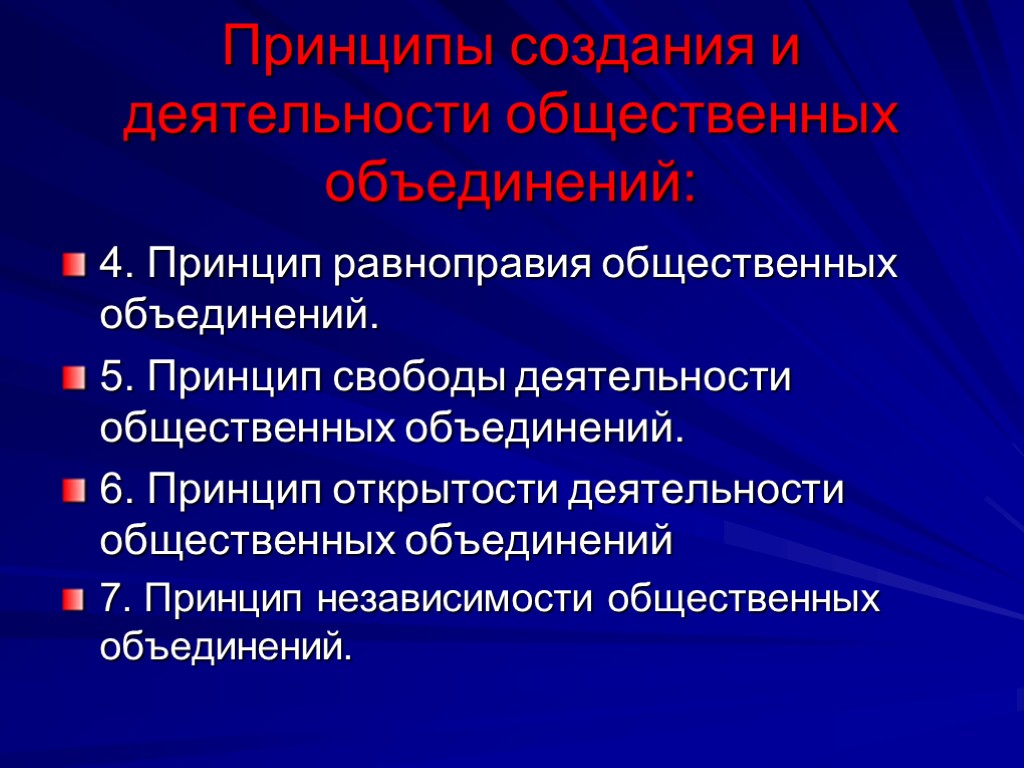 Принципы создания и деятельности общественных объединений: 4. Принцип равноправия общественных объединений. 5. Принцип свободы